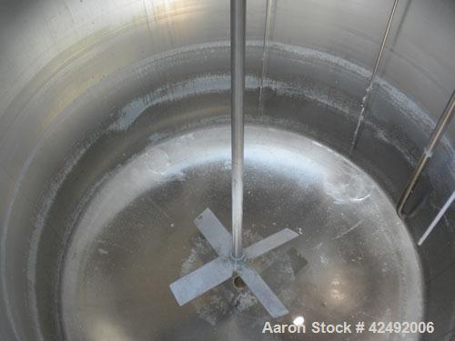 Used Tank, 440 Gallon, 304 Stainless Steel, Vertical. 48" Diameter x 52" straight side. Open top with a 2 piece cover, 1/2 bolt on, 1/2 clamp, dished bottom. Off center top entering Lightnin agitator...