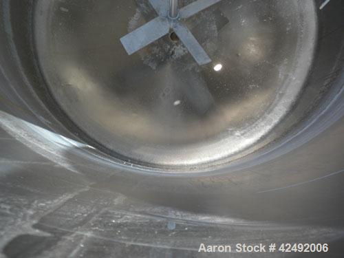 Used Tank, 440 Gallon, 304 Stainless Steel, Vertical. 48" Diameter x 52" straight side. Open top with a 2 piece cover, 1/2 bolt on, 1/2 clamp, dished bottom. Off center top entering Lightnin agitator...