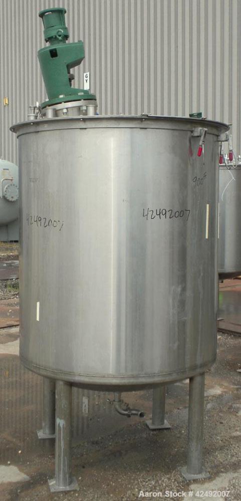 Used Tank, 440 Gallon, 304 Stainless Steel, Vertical. 48" Diameter x 52" straight side. Open top with a 2 piece cover, 1/2 bolt on, 1/2 clamp, dished bottom. Off center top entering Lightnin agitator...