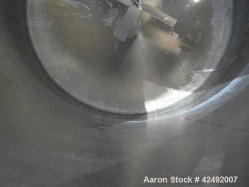 Used Tank, 440 Gallon, 304 Stainless Steel, Vertical. 48" Diameter x 52" straight side. Open top with a 2 piece cover, 1/2 bolt on, 1/2 clamp, dished bottom. Off center top entering Lightnin agitator...