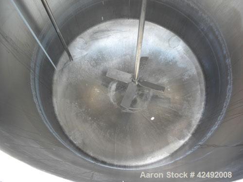 Used Tank, 440 Gallon, 304 Stainless Steel, Vertical. 48" Diameter x 52" straight side. Open top with a 2 piece cover, 1/2 bolt on, 1/2 clamp, dished bottom. Off center top entering Lightnin agitator...