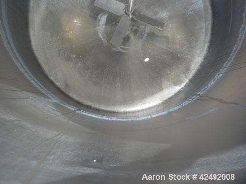 Used Tank, 440 Gallon, 304 Stainless Steel, Vertical. 48" Diameter x 52" straight side. Open top with a 2 piece cover, 1/2 bolt on, 1/2 clamp, dished bottom. Off center top entering Lightnin agitator...