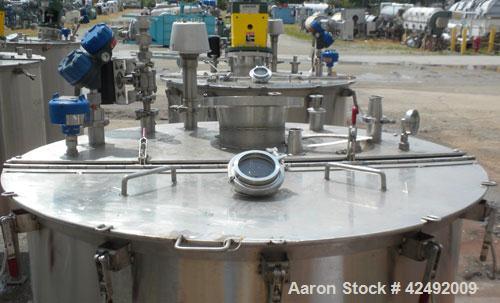 Used Tank, 440 Gallon, 304 Stainless Steel, Vertical. 48" Diameter x 52" straight side. Open top with a 2 piece cover, 1/2 bolt on, 1/2 clamp, dished bottom. Off center top entering Lightnin agitator...