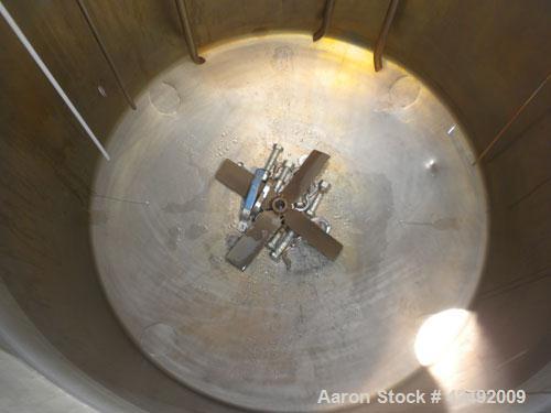 Used Tank, 440 Gallon, 304 Stainless Steel, Vertical. 48" Diameter x 52" straight side. Open top with a 2 piece cover, 1/2 bolt on, 1/2 clamp, dished bottom. Off center top entering Lightnin agitator...