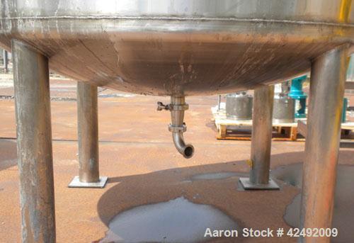 Used Tank, 440 Gallon, 304 Stainless Steel, Vertical. 48" Diameter x 52" straight side. Open top with a 2 piece cover, 1/2 bolt on, 1/2 clamp, dished bottom. Off center top entering Lightnin agitator...