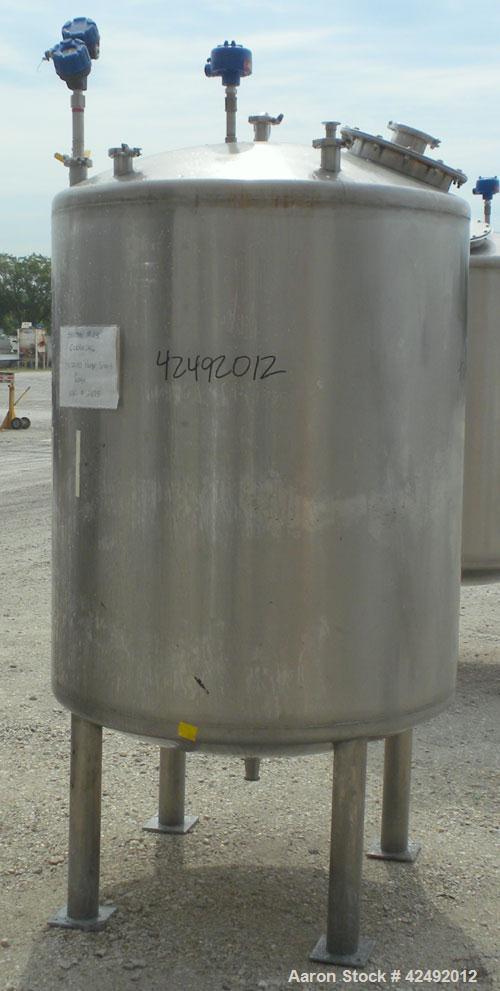 Used Tank, 440 Gallon, 304 Stainless Steel, Vertical. 48" Diameter x 52" straight side, dished top and bottom. Openings: top 1-1/2" tri-clamp, (5) 2" tri-clamp, 12" manway with a 4" tri-clamp in the ...