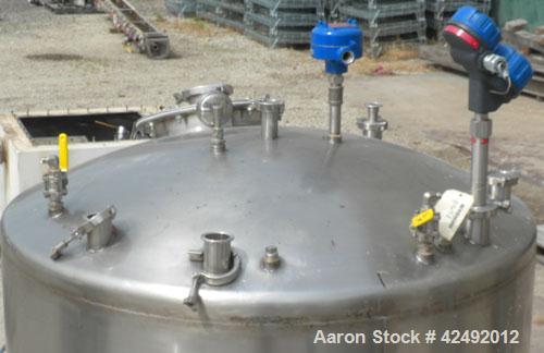 Used Tank, 440 Gallon, 304 Stainless Steel, Vertical. 48" Diameter x 52" straight side, dished top and bottom. Openings: top 1-1/2" tri-clamp, (5) 2" tri-clamp, 12" manway with a 4" tri-clamp in the ...