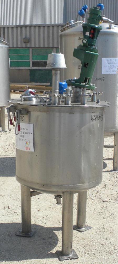 Used Tank, 80 Gallon, 304 Stainless Steel, Vertical. 30" Diameter x 24" straight side. Open top with a 2 piece cover, 1/2 bolt on, 1/2 clamp, dished bottom. Off center top entering Lightnin air opera...
