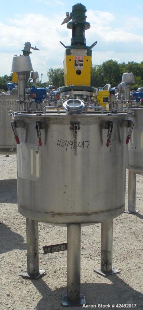 Used Tank, 80 Gallon, 304 Stainless Steel, Vertical. 30" Diameter x 24" straight side. Open top with a 2 piece cover, 1/2 bolt on, 1/2 clamp, dished bottom. Off center top entering Lightnin air opera...