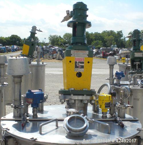 Used Tank, 80 Gallon, 304 Stainless Steel, Vertical. 30" Diameter x 24" straight side. Open top with a 2 piece cover, 1/2 bolt on, 1/2 clamp, dished bottom. Off center top entering Lightnin air opera...