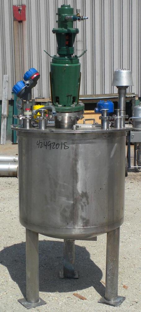 Used Tank, 80 Gallon, 304 Stainless Steel, Vertical. 30" Diameter x 24" straight side. Open top with a 2 piece cover, 1/2 bolt on, 1/2 clamp, dished bottom. Off center top entering Lightnin air opera...