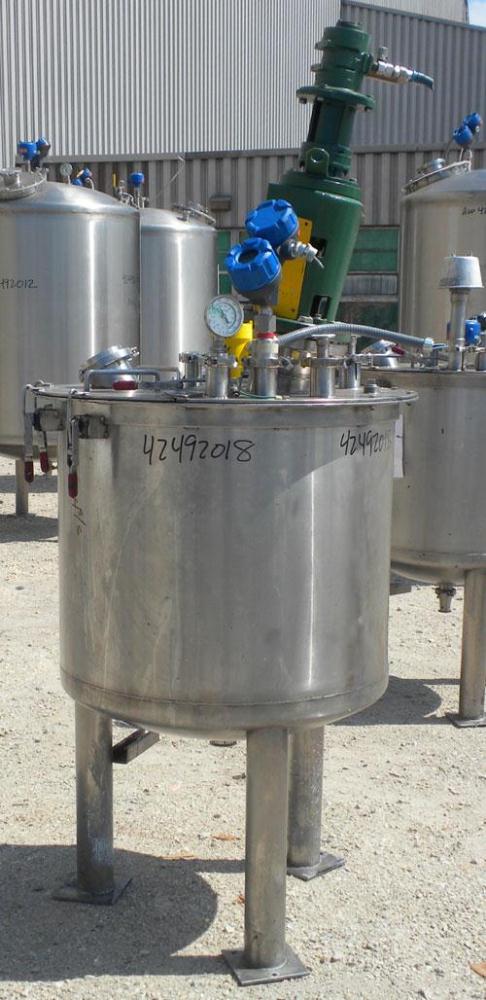 Used Tank, 80 Gallon, 304 Stainless Steel, Vertical. 30" Diameter x 24" straight side. Open top with a 2 piece cover, 1/2 bolt on, 1/2 clamp, dished bottom. Off center top entering Lightnin air opera...