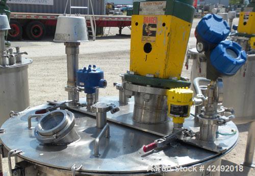 Used Tank, 80 Gallon, 304 Stainless Steel, Vertical. 30" Diameter x 24" straight side. Open top with a 2 piece cover, 1/2 bolt on, 1/2 clamp, dished bottom. Off center top entering Lightnin air opera...