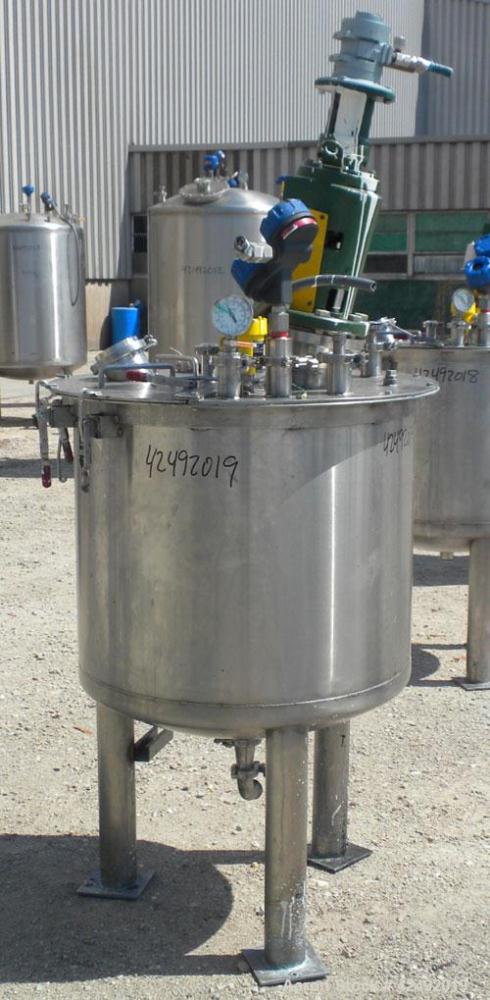 Used Tank, 80 Gallon, 304 Stainless Steel, Vertical. 30" Diameter x 24" straight side. Open top with a 2 piece cover, 1/2 bolt on, 1/2 clamp, dished bottom. Off center top entering Lightnin air opera...
