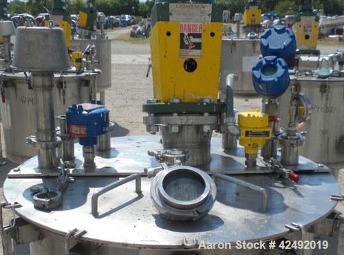 Used Tank, 80 Gallon, 304 Stainless Steel, Vertical. 30" Diameter x 24" straight side. Open top with a 2 piece cover, 1/2 bolt on, 1/2 clamp, dished bottom. Off center top entering Lightnin air opera...