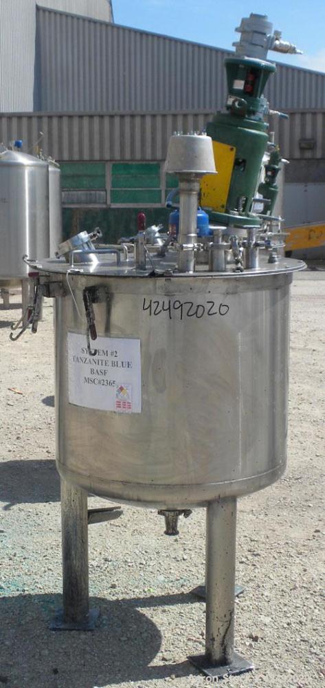 Used Tank, 80 Gallon, 304 Stainless Steel, Vertical. 30" Diameter x 24" straight side. Open top with a 2 piece cover, 1/2 bolt on, 1/2 clamp, dished bottom. Off center top entering Lightnin air opera...