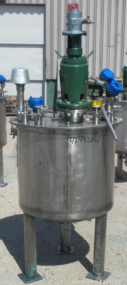 Used Tank, 80 Gallon, 304 Stainless Steel, Vertical. 30" Diameter x 24" straight side. Open top with a 2 piece cover, 1/2 bolt on, 1/2 clamp, dished bottom. Off center top entering Lightnin air opera...