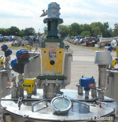Used Tank, 80 Gallon, 304 Stainless Steel, Vertical. 30" Diameter x 24" straight side. Open top with a 2 piece cover, 1/2 bolt on, 1/2 clamp, dished bottom. Off center top entering Lightnin air opera...