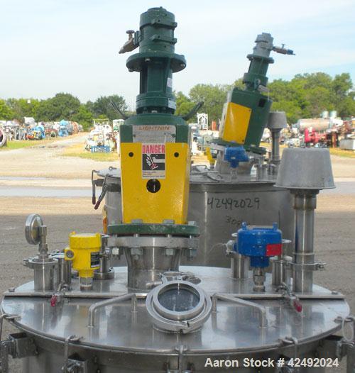 Used Tank, 80 Gallon, 304 Stainless Steel, Vertical. 30" Diameter x 24" straight side. Open top with a 2 piece cover, 1/2 bolt on, 1/2 clamp, dished bottom. Off center top entering Lightnin air opera...
