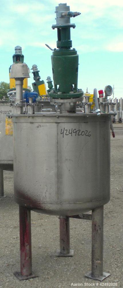 Used Tank, 80 Gallon, 304 Stainless Steel, Vertical. 30" Diameter x 24" straight side. Open top with a 2 piece cover, 1/2 bolt on, 1/2 clamp, dished bottom. Off center top entering Lightnin air opera...