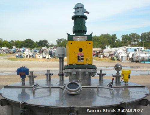 Used Tank, 250 Gallon, 304 Stainless Steel, Vertical. 48" Diameter x 28" straight side. Open top with a 2 piece cover, 1/2 bolt on, 1/2 clamp, dished bottom. Off center top entering Lightnin air oper...