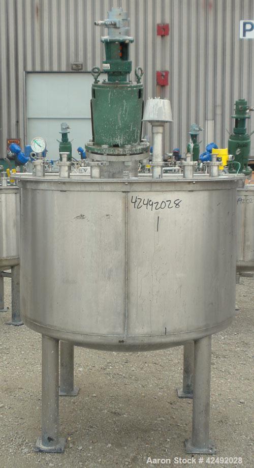 Used Tank, 250 Gallon, 304 Stainless Steel, Vertical. 48" Diameter x 28" straight side. Open top with a 2 piece cover, 1/2 bolt on, 1/2 clamp, dished bottom. Off center top entering Lightnin air oper...