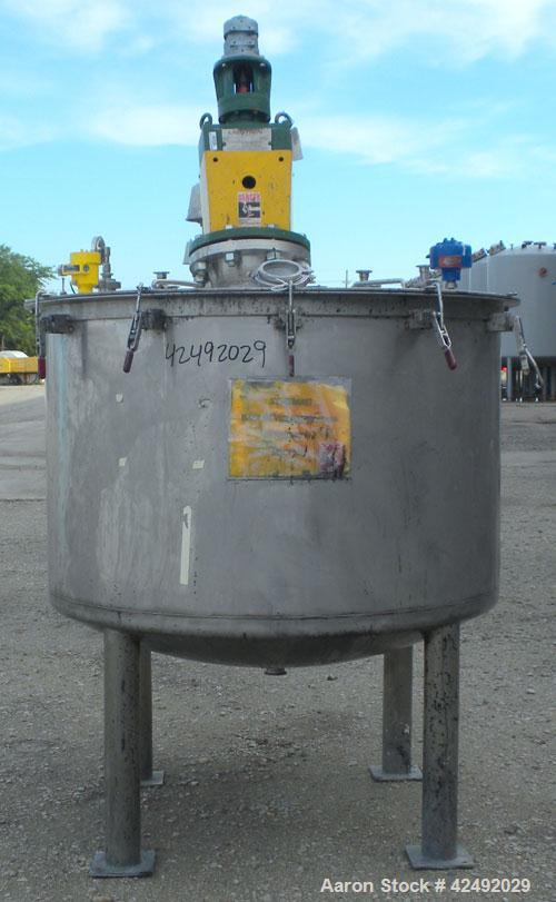 Used Tank, 250 Gallon, 304 Stainless Steel, Vertical. 48" Diameter x 28" straight side. Open top with a 2 piece cover, 1/2 bolt on, 1/2 clamp, dished bottom. Off center top entering Lightnin air oper...
