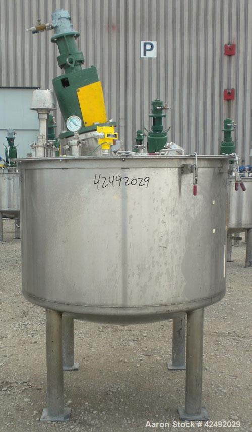 Used Tank, 250 Gallon, 304 Stainless Steel, Vertical. 48" Diameter x 28" straight side. Open top with a 2 piece cover, 1/2 bolt on, 1/2 clamp, dished bottom. Off center top entering Lightnin air oper...