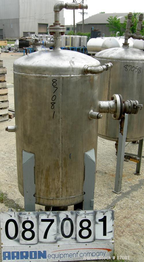 Used Tank, 75 Gallon, 316 Stainless Steel, Vertical. 24" Diameter x 36" straight side. Dished top and bottom. Openings: top 1-1/2"; side (4) 1" NPT, 3"; 3" center bottom outlet. Mounted on 4 carbon s...