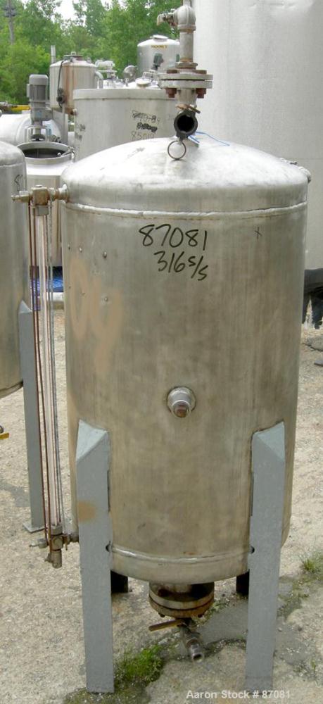 Used Tank, 75 Gallon, 316 Stainless Steel, Vertical. 24" Diameter x 36" straight side. Dished top and bottom. Openings: top 1-1/2"; side (4) 1" NPT, 3"; 3" center bottom outlet. Mounted on 4 carbon s...