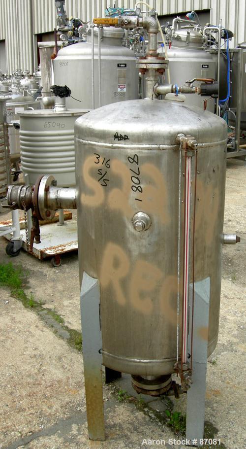 Used Tank, 75 Gallon, 316 Stainless Steel, Vertical. 24" Diameter x 36" straight side. Dished top and bottom. Openings: top 1-1/2"; side (4) 1" NPT, 3"; 3" center bottom outlet. Mounted on 4 carbon s...