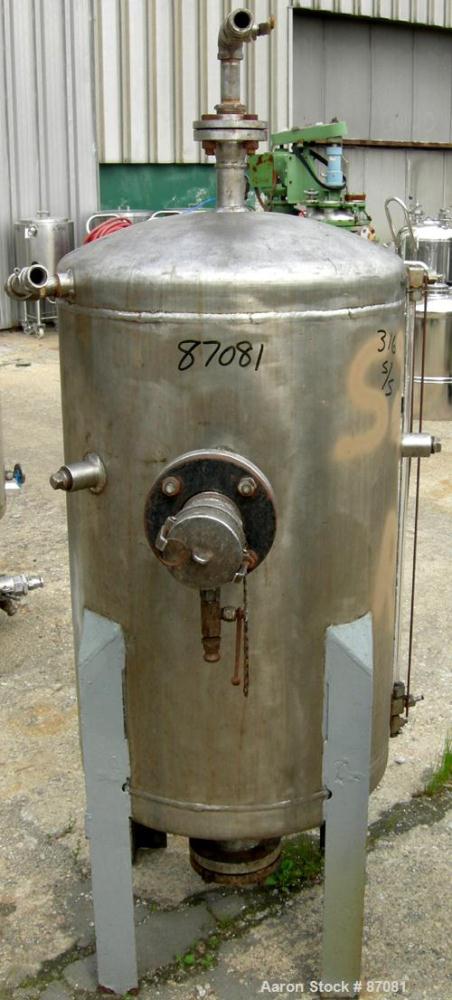 Used Tank, 75 Gallon, 316 Stainless Steel, Vertical. 24" Diameter x 36" straight side. Dished top and bottom. Openings: top 1-1/2"; side (4) 1" NPT, 3"; 3" center bottom outlet. Mounted on 4 carbon s...