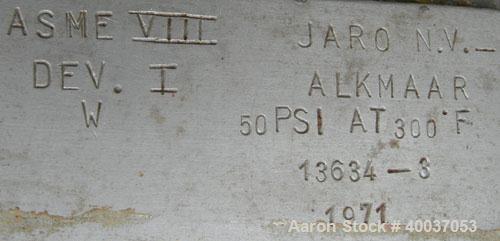 Used Javo N.V. Alkmaar Pressure Tank, 100 gallon, 304 stainless steel, vertical. 30'' diameter x 30'' straight side, dished top and bottom. Internal rated 50 psi at 300 deg F. 15'' top manway with co...