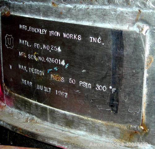 Used Buckley Iron Works Pressure Tank, 100 gallon, stainless steel, vertical. 30" diameter x 30" straight side, dished top and bottom. Internal rated 50 psi at 300 deg F. 12" top manway with cover, 1...