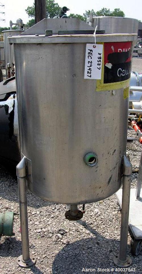 Used Thermo Craft Tank, 65 gallon, stainless steel, vertical. 26" diameter x 33" straight side, open top with a 2 piece cover, dished bottom. 1 1/2" center bottom outlet. Mounted on 3 stainless steel...