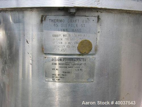 Used Thermo Craft Tank, 65 gallon, stainless steel, vertical. 26" diameter x 33" straight side, open top with a 2 piece cover, dished bottom. 1 1/2" center bottom outlet. Mounted on 3 stainless steel...