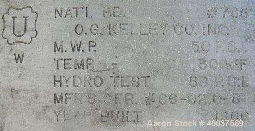 Used O.G. Kelley Co. Pressure Tank, 55 gallon, 304 stainless steel, vertical. 24" diameter x 27" straight side, dished top and bottom. Internal rated 50 psi at 300 deg F. Openings: top 10" with cover...