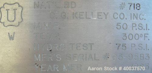 Used O.G. Kelley Co. Pressure Tank, 55 gallon, 304 stainless steel, vertical. 24" diameter x 27" straight side, dished top and bottom. Internal rated 50 psi at 300 deg F. Openings: top 10" with cover...