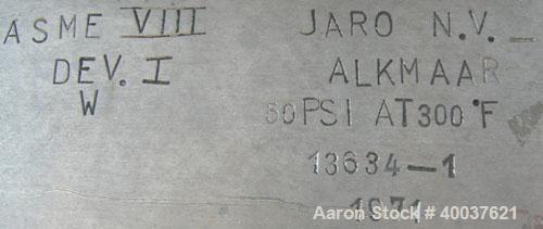 Used Javo N.V. Alkmaar pressure tank, 100 gallon, 304 stainless steel, vertical. 30" diameter x 30" straight side, dished top and bottom. Internal rated 50 psi at 300 degf.. 15" top manway with cover...