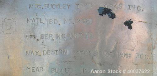 Used Buckley Iron Works Pressure Tank, 100 gallon, 304 stainless steel, vertical. 30" diameter x 28" straight side, dished top and bottom. Internal rated 50 psi at 300 deg F. Openings: top approximat...