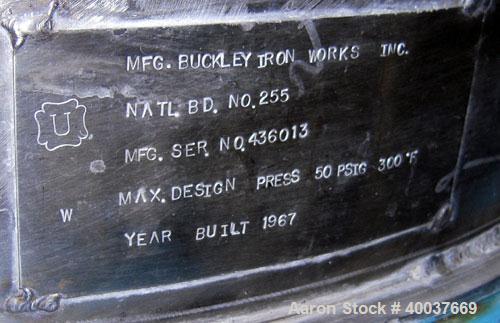 Used Buckley Iron Works Pressure Tank, 100 gallon, stainless steel, vertical. 30'' diameter x 28'' straight side, dished top and bottom. Internal rated 50 psi at 300 deg F. Openings: top approximate ...