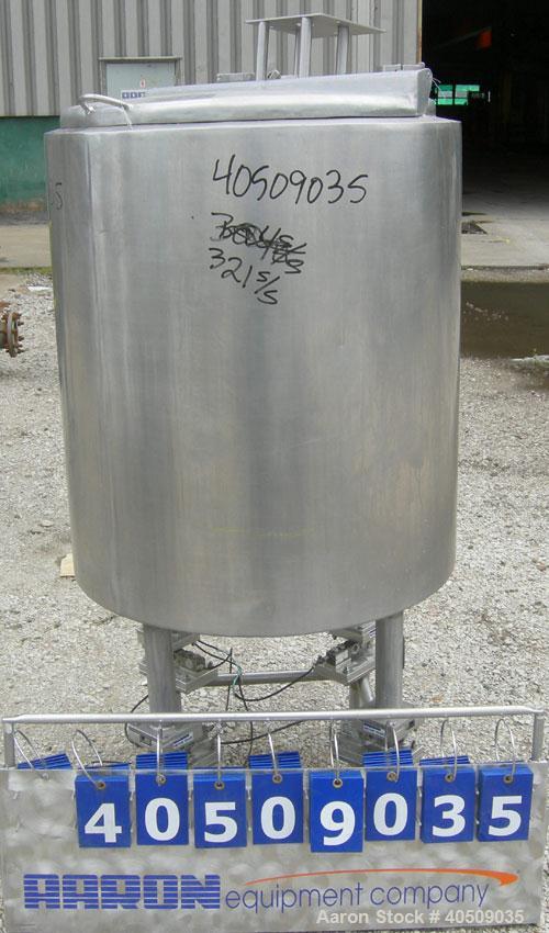 Used Tank, 100 gallon, 321 stainless steel, vertical. 30" diameter x 35" straight side. Flat top with 1/2 hinged cover, sloped bottom. Openings: top 4", (2) 3" tri-clamp; 3" tri-clamp side bottom out...