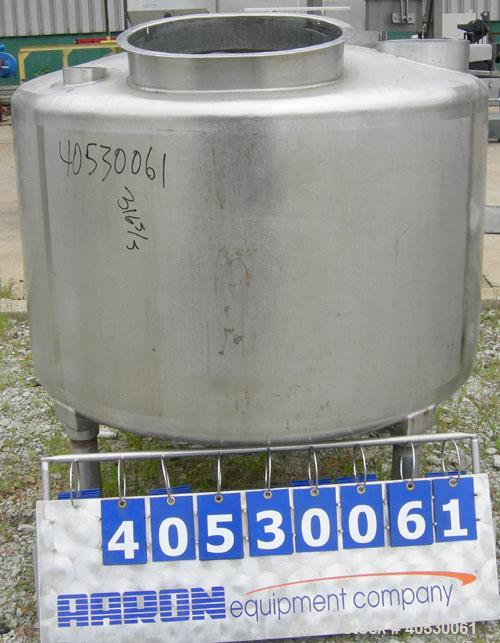 Used Tank, 300 Gallon, 316 Stainless Steel, Vertical. Approximately 52" diameter x 30" straight side, dished top and bottom. Openings: top 3", 4", 4 1/2", 10", 16" x 20" manway, no cover; approximate...