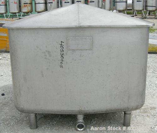 Used - Tank, 300 gallon, 304 stainless steel, rectangular. 42" wide x 60" long x 28" deep. Open top with (2) removable covers, sloped bottom. 2 1/4" end bottom outlet. Mounted on 4 stainless steel le...