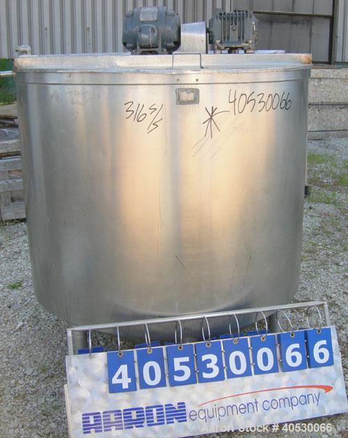 Used Tank, 425 gallon, 316 stainless steel, vertical. Approximately 54" diameter x 44" straight side. Open top with (2) 1/3 covers, sloped bottom. Fixed stainless steel agitator bridge. Off center to...