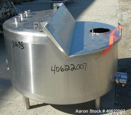 Used Tank, approximate 70 gallon, 316 stainless steel, vertical. Approximate 37" diameter x 15" straight side.  1 piece angled hinged top cover, sloped bottom. Openings: top (3) 2" triclamp, 6 1/2"; ...