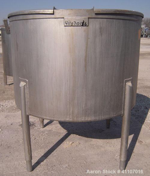 Used Tank, Approximately 200 Gallon, 316 Stainless Steel, Vertical. 45" diameter x 30" straight side. Flat top with 2 piece hinged cover, Slight dish bottom. 1 1/2" sanitary center bottom outlet. Mou...