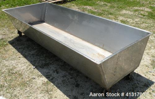 Used Trough/Tank, 150 Gallon, 316 Stainless Steel Horizontal. Trough measures approximately 94" long x 24" wide x 16" deep. 1 1/2" tri-clamp end bottom outlet. Mounted on casters.