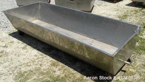 Used Trough/Tank, 150 Gallon, 316 Stainless Steel Horizontal. Trough measures approximately 94" long x 24" wide x 16" deep. 1 1/2" tri-clamp end bottom outlet. Mounted on casters.