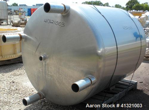 Used Tank, 375 Gallon, 304 Stainless Steel, Vertical. Approximately 46" diameter x 48" straight side, dish top and bottom. Openings top 18" manway, no cover, (2) 4" tri-clamp, (2) 2" tri-clamp, 8" of...